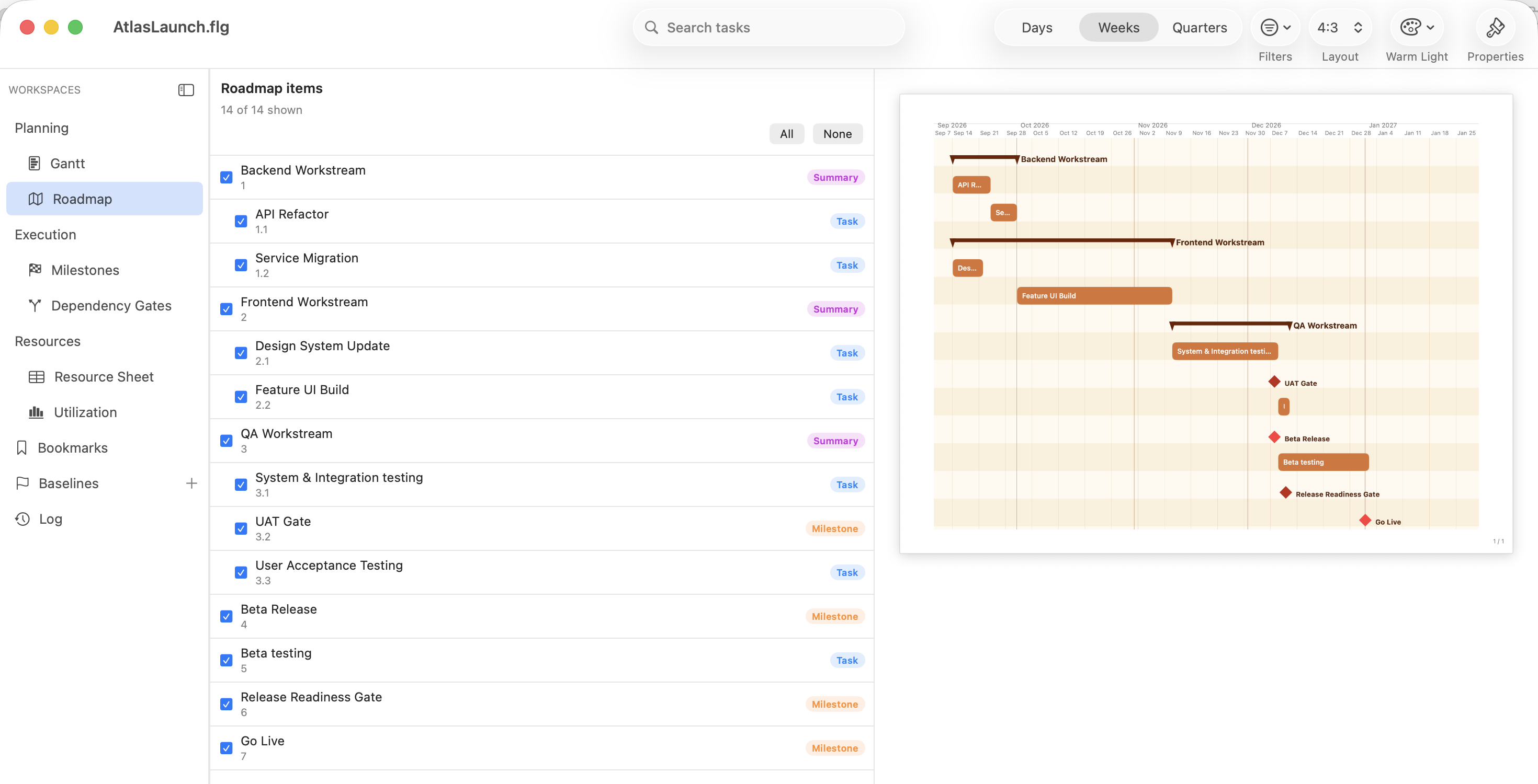 FlexiGantt Roadmap view of the same schedule rendered as a stakeholder-facing timeline slide